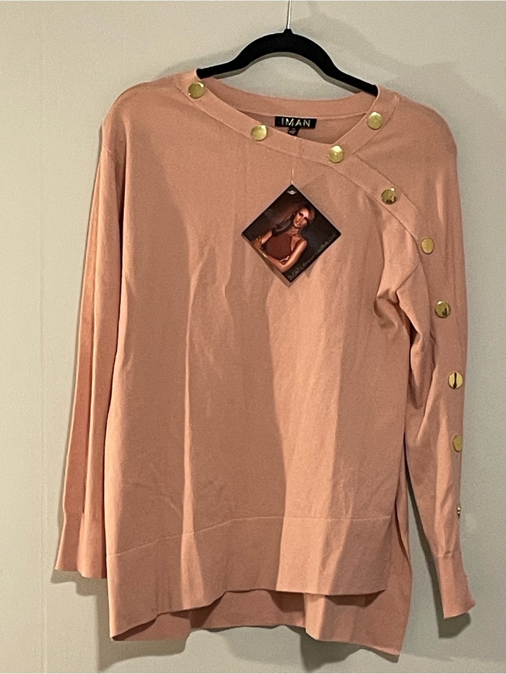 IMAN Blush Pink Long Sleeve Top with Gold Buttons. Item # 11608